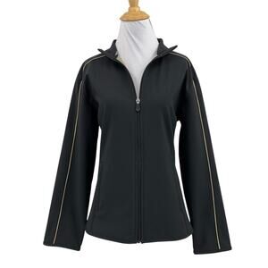 Straight Down Jacket Womens L Large Black Beige Piping Performance Long Sleeve